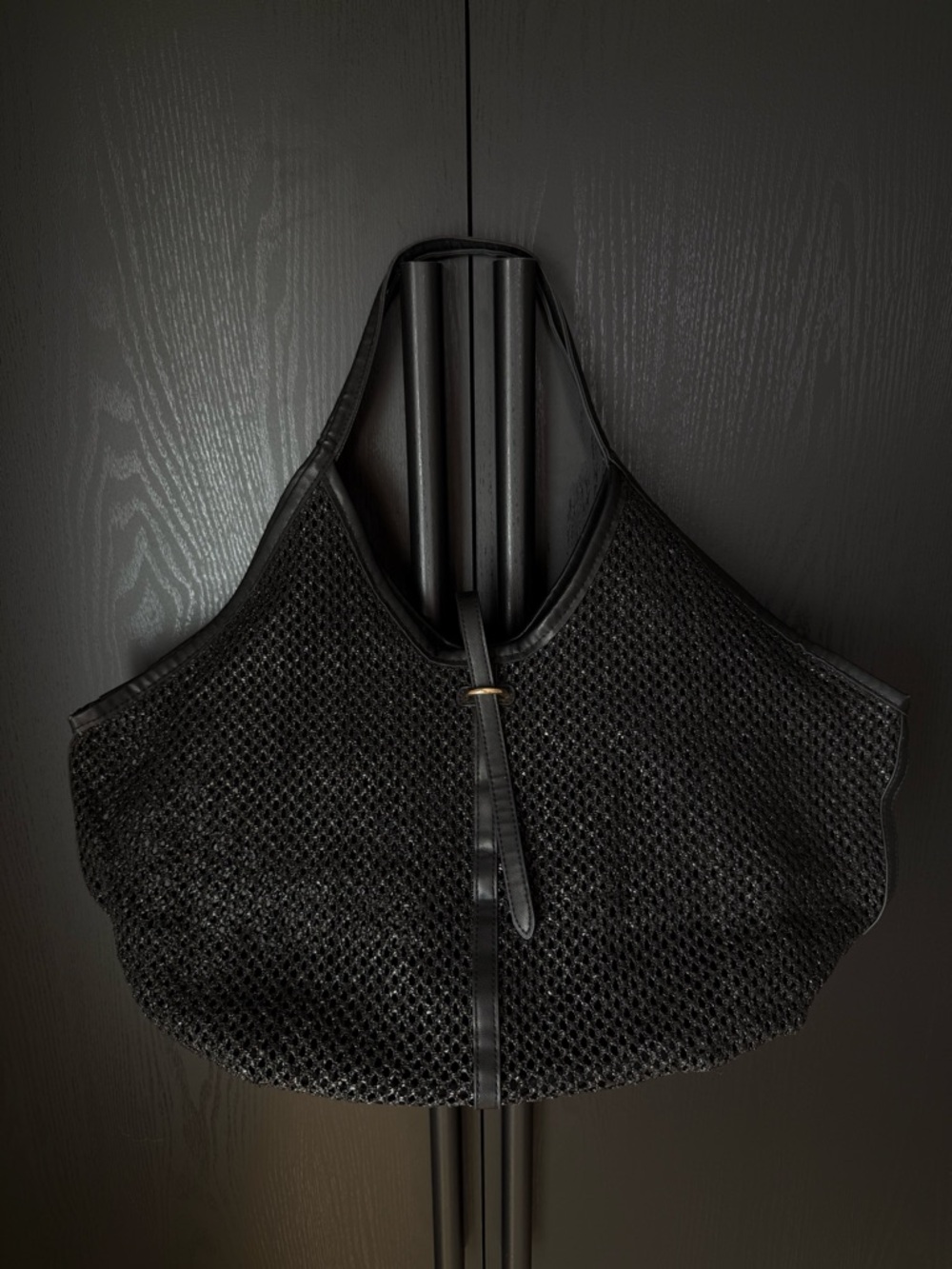 Black Woven Tote Bag - Minimal Leather Trim